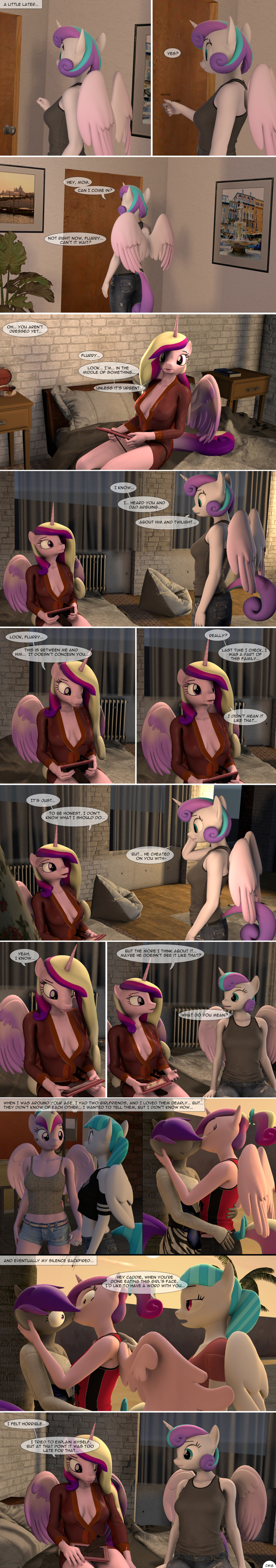 3d_(artwork) absurd_res bed bedroom cheating_girlfriend clothed clothing comic daughter_(lore) dialogue digital_media_(artwork) equid equine female female/female flurry_heart_(mlp) friendship_is_magic furniture hasbro hi_res horn kissing long_image mammal mother_(lore) mother_and_child_(lore) mother_and_daughter_(lore) my_little_pony mythological_creature mythological_equine mythology open_clothing open_robe parent_(lore) parent_and_child_(lore) parent_and_daughter_(lore) princess_cadance_(mlp) robe spud-arts tall_image winged_unicorn wings