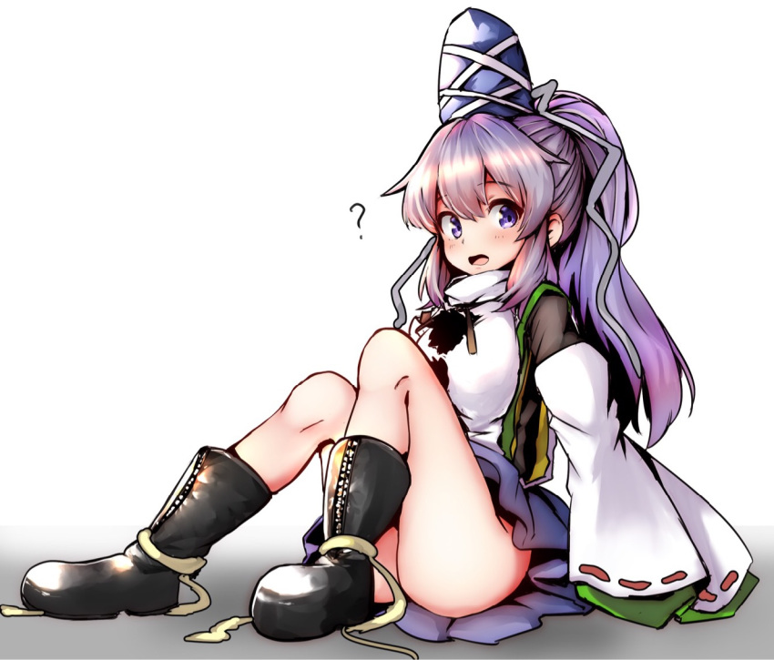 ? arm_support ass bangs bare_legs black_footwear blue_skirt boots commentary detached_sleeves eyebrows_visible_through_hair hair_between_eyes hat japanese_clothes kariginu knees_up kushidama_minaka long_hair looking_at_viewer mononobe_no_futo multicolored_hair open_mouth outstretched_arm parted_bangs pom_pom_(clothes) ponytail purple_eyes ribbon-trimmed_sleeves ribbon_trim sidelocks silver_hair sitting skirt sleeves_past_wrists solo tate_eboshi touhou undershirt upskirt wide_sleeves zipper