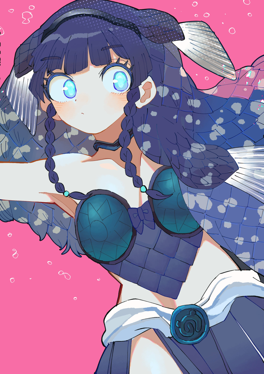 1girl absurdres bare_shoulders blue_eyes blue_hair blue_shirt blue_skirt blunt_bangs blush braid bubble coelacanth_(kemono_friends) cowboy_shot fins fish_girl hairband head_fins highres kanmoku-san kemono_friends long_hair midriff_peek pleated_skirt scales shirt sidelocks skirt sleeveless solo twin_braids