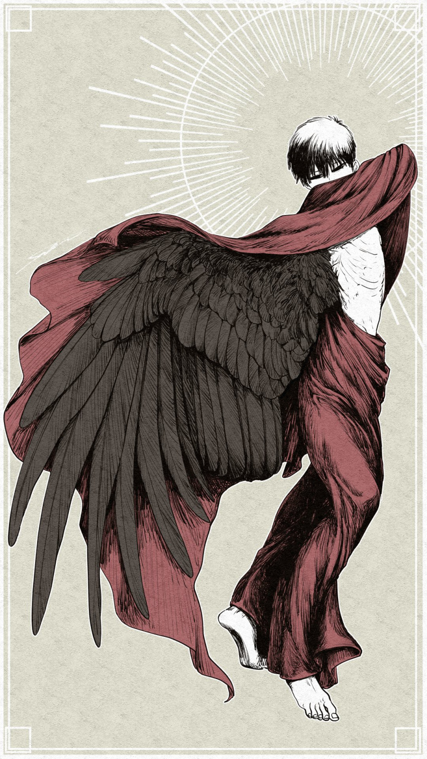 1boy arm_up barefoot bell7545 black_hair black_wings border cloak covered_mouth feathered_wings from_side full_body grey_background half-closed_eyes halo highres looking_to_the_side male_focus original outside_border red_cloak red_robe robe short_hair solo standing wings
