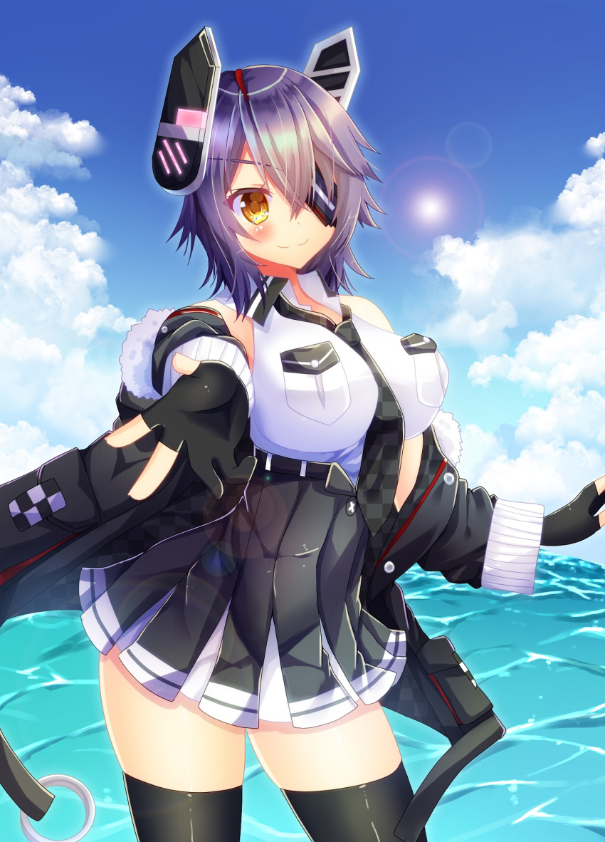 bare_shoulders between_breasts black_gloves black_legwear blue_sky blush breasts checkered checkered_neckwear cloud cloudy_sky day eyepatch gloves headgear highres hiiro_yuya kantai_collection large_breasts light_smile necktie necktie_between_breasts ocean outdoors partly_fingerless_gloves pleated_skirt purple_hair short_hair skirt sky solo sun tenryuu_(kantai_collection) thighhighs yellow_eyes