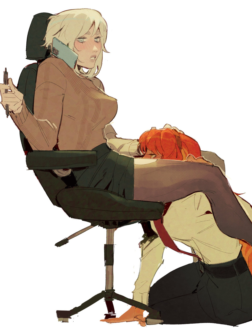 2400db 2girls absurdres blue_eyes blush breasts chair faust_(project_moon) green_eyes grey_hair highres holding holding_pen ishmael_(project_moon) limbus_company long_hair multiple_girls necktie office_chair on_chair orange_hair parted_lips pen project_moon simple_background sitting swivel_chair talking_on_phone white_background yuri