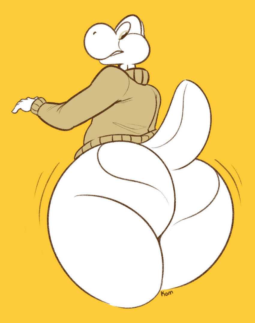 anthro big_butt bottomless brown_clothing brown_eyes butt clothed clothing dinosaur hi_res huge_butt komponi looking_at_self looking_back male mario_bros nintendo orange_background partially_colored raised_tail rear_view scalie simple_background solo sweater video_games yellow_background yoshi