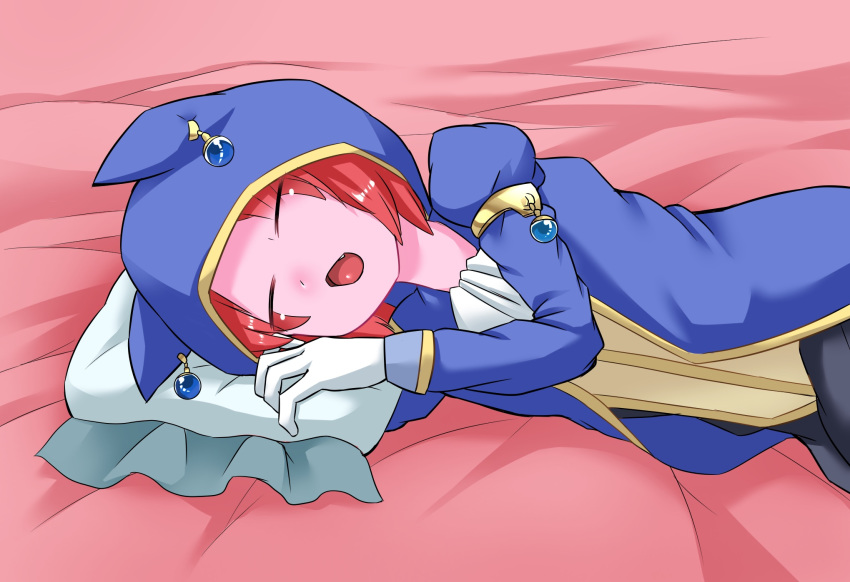 bed bligre22isriead closed_eyes dragon_ball dragon_ball_heroes earrings fang gloves highres hood jewelry male_focus open_mouth pillow pink_skin red_hair salsa_(dragon_ball) solo