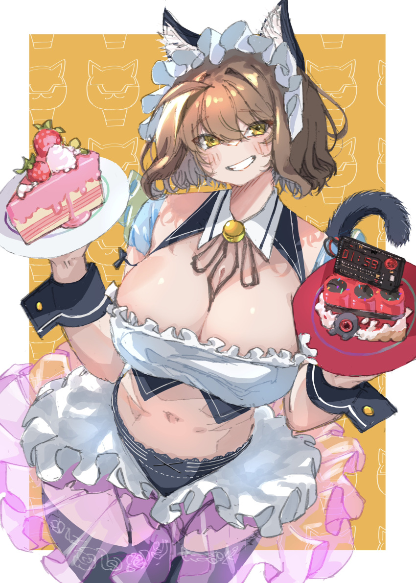 1girl absurdres animal_ear_fluff animal_ears anis_(nikke) black_panties bob_cut bomb border bra breasts brown_hair cake cake_slice cat_ears cleavage cowboy_shot explosive food frilled_bra frilled_panties frills fruit goddess_of_victory:_nikke grin hair_between_eyes highres holding holding_plate huge_breasts icing looking_at_viewer maid maid_headdress navel orange_background outside_border panties plate short_hair shun_hayakawa smile solo standing strapless strapless_bra strawberry strawberry_cake time_bomb underwear white_border white_bra yellow_eyes