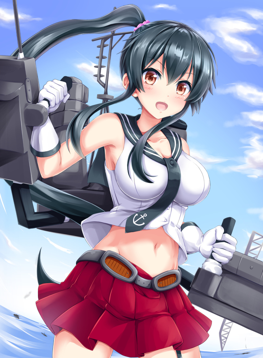 :d black_hair blue_sky blush breasts brown_eyes cleavage cloud collarbone cowboy_shot day eyebrows_visible_through_hair floating_hair gloves groin hair_between_eyes hair_ornament hair_scrunchie high_ponytail highres kantai_collection kyamu_(qqea92z9n) long_hair looking_at_viewer medium_breasts midriff miniskirt navel open_mouth outdoors pink_scrunchie pleated_skirt red_skirt rigging school_uniform scrunchie serafuku shiny shiny_hair shirt sidelocks skirt sky sleeveless sleeveless_shirt smile solo standing stomach turret very_long_hair water white_gloves white_shirt yahagi_(kantai_collection)