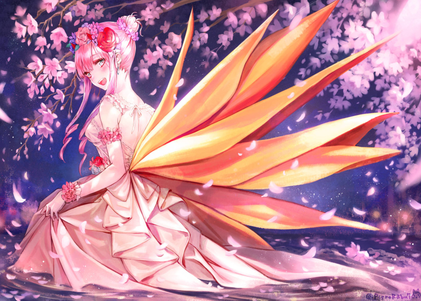 :d arm_strap blue_eyes blush darling_in_the_franxx dress flower from_side full_body hair_bun hair_flower hair_ornament highres kneeling long_dress looking_at_viewer open_mouth petals pierorabu pink_flower pink_hair red_flower red_rose rose sidelocks sleeveless sleeveless_dress smile solo wedding_dress white_dress wrist_cuffs zero_two_(darling_in_the_franxx)
