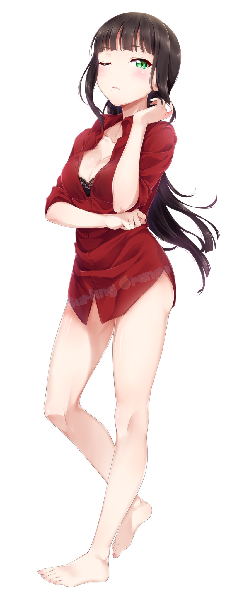 absurdres artist_name bare_legs barefoot black_bra bra breasts brown_hair cleavage collarbone dress_shirt eyebrows_visible_through_hair floating_hair full_body green_eyes highres kurosawa_dia leg_up long_hair love_live! love_live!_sunshine!! medium_breasts mole mole_under_mouth one_eye_closed red_shirt shirt simple_background solo standing standing_on_one_leg surfing_orange underwear very_long_hair watermark white_background