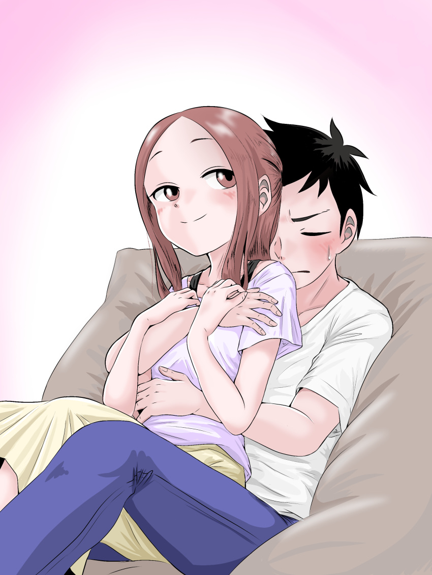 1boy 1girl absurdres black_hair bra_strap brown_eyes brown_hair closed_eyes commentary_request forehead hatomugi_(user_datj4345) hetero highres hug hug_from_behind karakai_jouzu_no_(moto)_takagi-san karakai_jouzu_no_takagi-san medium_skirt nishikata pink_skirt shirt sitting sitting_on_lap sitting_on_person skirt smile sweatdrop t-shirt takagi-san white_shirt yellow_skirt