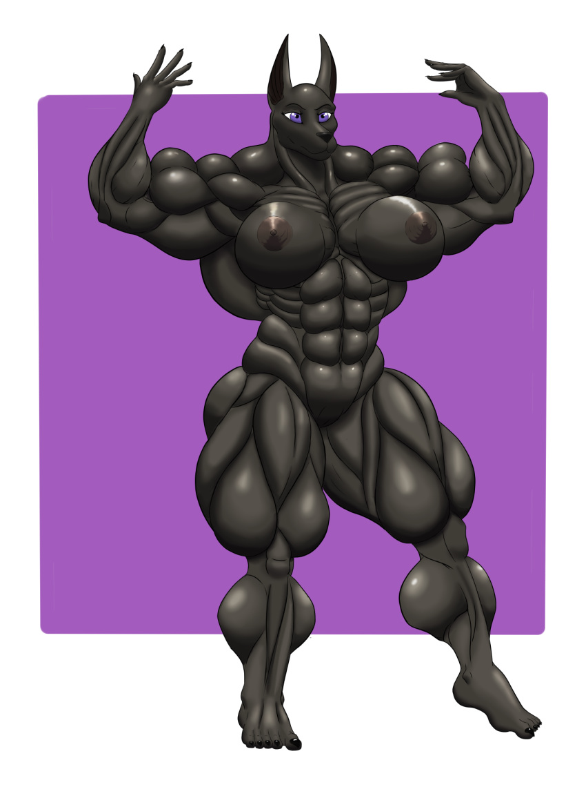 2018 abs anthro anubian_jackal biceps big_breasts big_muscles black_fur breasts canine female flexing fur jackal mammal muscular muscular_female navel nipples pose pussy raze117_(artist) smile solo