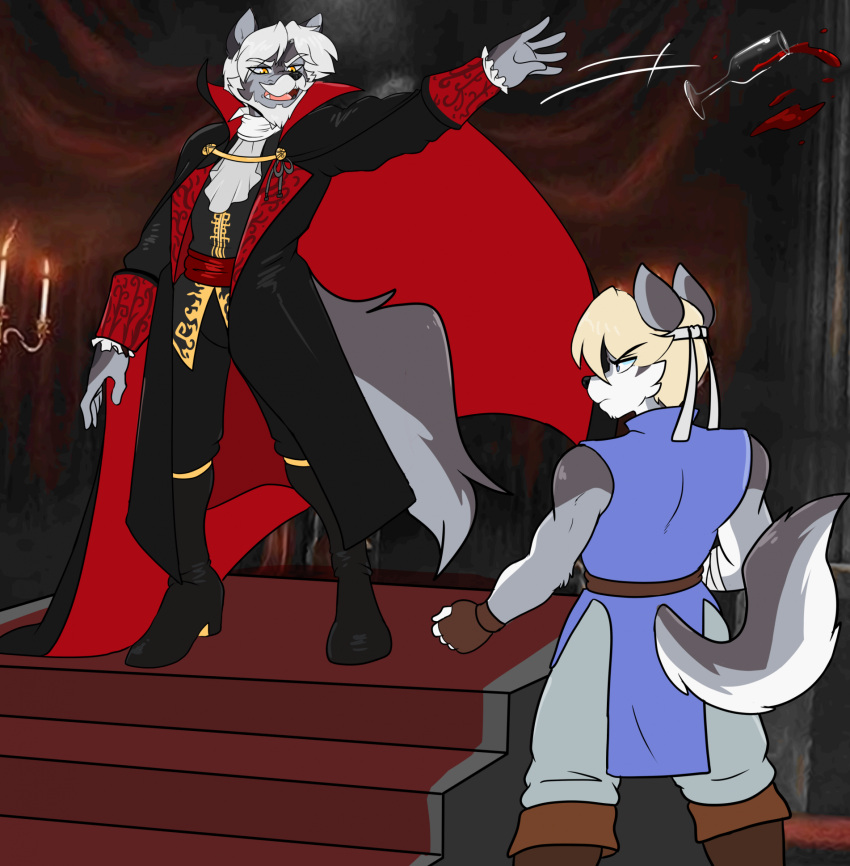 alphonse_(james_howard) anthro blonde_hair canid canine canis cape castlevania clothed clothing cosplay dracula drayven_alder duo hair hi_res konami male mammal red_eyes richter_belmont skidd uberquest white_hair wolf