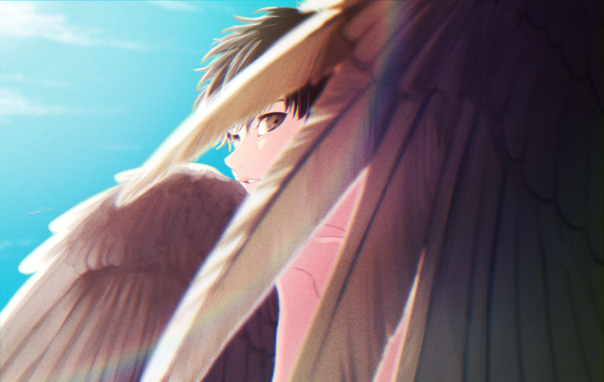 1boy bell7545 black_hair blue_sky blurry brown_wings depth_of_field feathered_wings highres looking_at_viewer male_focus nude original parted_lips profile short_hair sideways_glance sky solo sunlight upper_body wings