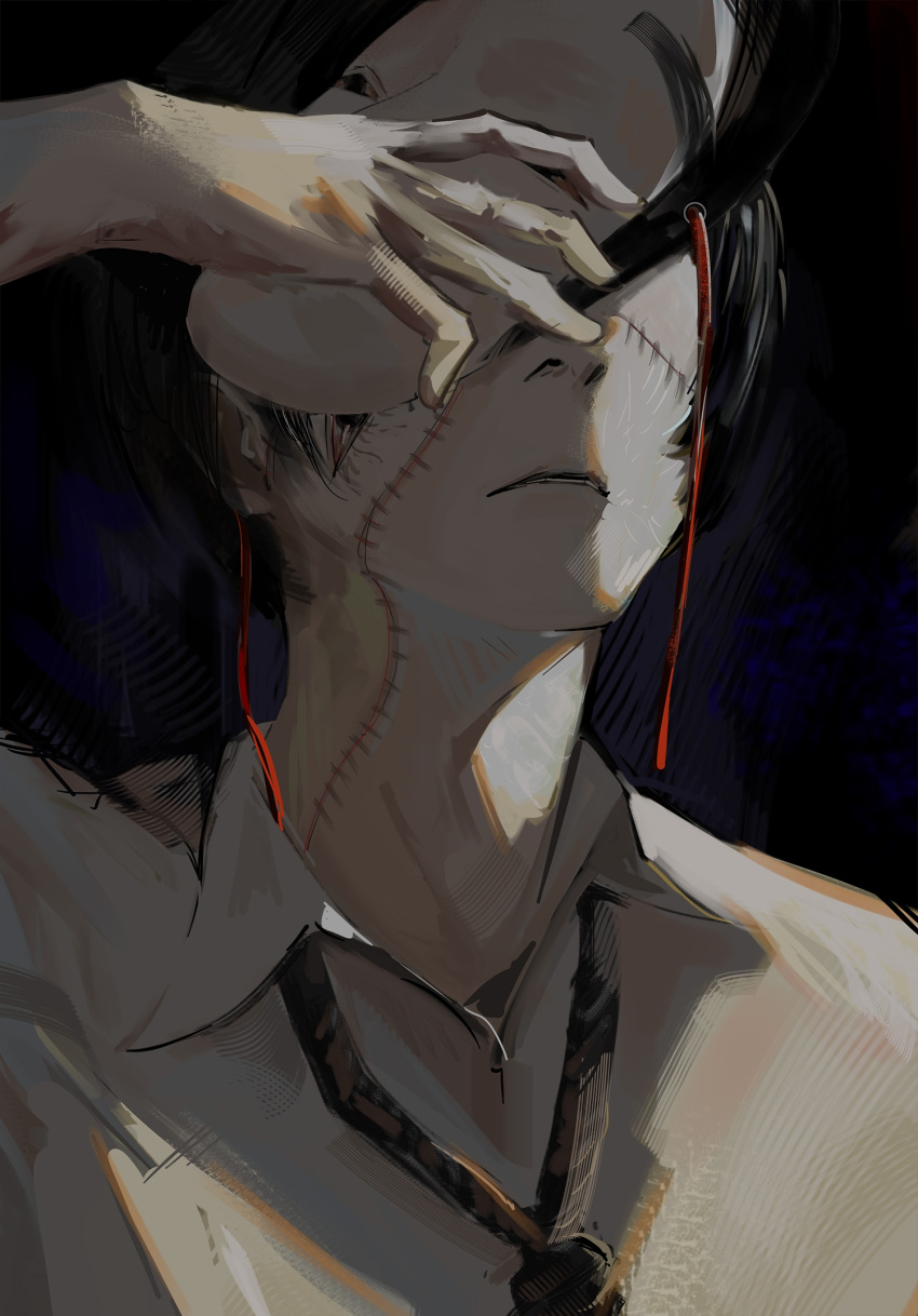 1boy black_background black_hair choujin_x highres mask necktie noh_mask noh_mask_(choujin_x) noose removing_mask scar shirt simple_background sitou_123 stitched_face stitches too_many_scars white_shirt