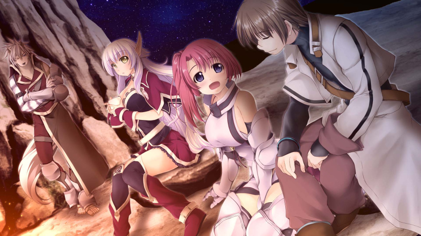 alto_travers animal_ears animal_feet animal_hands animal_nose atelier-moo bare_shoulders blue_eyes bonfire breasts brown_hair closed_mouth curtained_hair dark_elf detached_sleeves dog_boy dog_ears elf full_body green_eyes hair_between_eyes highres large_breasts long_hair long_pointy_ears long_sleeves night night_sky open_mouth pointy_ears purple_hair red_hair short_hair side_ponytail sideboob silvia_milsteen sitting skirt sky sleeveless smile spica_celest standing tail very_long_hair volk_dartfang wizards_symphony wolf_boy yellow_eyes zettai_ryouiki