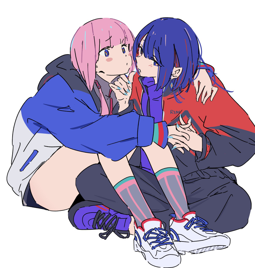 2girls absurdres arm_around_neck atenaba blue_eyes blue_hair blue_hoodie blue_nails blush_stickers closed_mouth crossed_legs full_body grey_hoodie grey_pants grey_socks highres holding_hands hood hoodie interlocked_fingers kaf_(kamitsubaki_studio) kamitsubaki_studio long_hair long_sleeves looking_at_another multicolored_hair multiple_girls open_mouth pants pink_hair pink_socks purple_footwear red_hair red_hoodie rim_(kamitsubaki_studio) shoes simple_background sitting sneakers socks streaked_hair two-tone_hoodie white_background white_footwear yuri