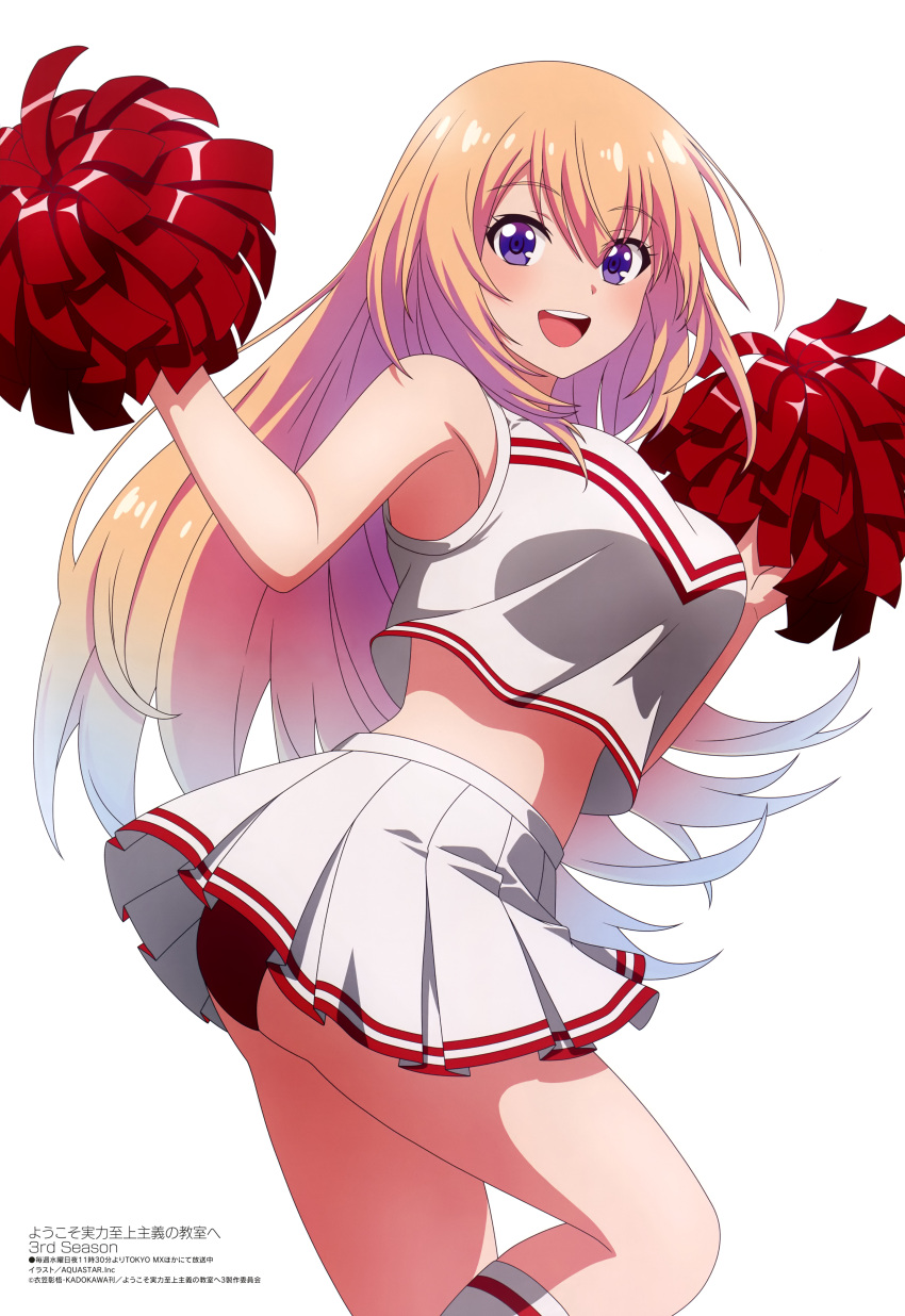 1girl absurdres ass blonde_hair breasts cheering cheerleader clothes_lift crop_top highres holding holding_pom_poms ichinose_honami_(youjitsu) large_breasts long_hair magazine_scan megami_magazine official_art open_mouth panties pleated_skirt pom_pom_(cheerleading) purple_eyes scan simple_background skirt skirt_lift smile thighs underwear white_background youkoso_jitsuryoku_shijou_shugi_no_kyoushitsu_e