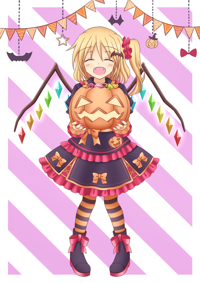 1girl absurdres alternate_costume bat_(animal) bat_hair_ornament blonde_hair blush bow candy chinese_commentary closed_eyes clothing_request commentary_request crystal flandre_scarlet food footwear_bow hair_ornament halloween halloween_costume hat highres holding holding_food holding_pumpkin holding_vegetable jack-o'-lantern long_sleeves multicolored_wings no_headwear one_side_up open_mouth orange_bow piaoluo_de_ying_huaban pumpkin red_bow red_nails side_ponytail smile solo star_(symbol) striped_background striped_clothes striped_thighhighs thighhighs touhou vegetable wings witch_hat