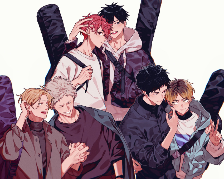 6+boys artist_name black_hair black_shirt blonde_hair blue_eyes blue_jacket coat coat_on_shoulders collared_shirt couple ear_piercing given guitar_case hand_on_another's_head highres holding_hands instrument_case jacket jacket_over_hoodie kaji_akihiko kashima_hiiragi_(given) long_sleeves mouth_piercing multicolored_hair multiple_boys nakayama_haruki piercing red_hair satou_mafuyu shirt signature simple_background streaked_hair sweater teeth tikklil uenoyama_ritsuka upper_body v white_background white_sweater yagi_shizusumi_(given) yaoi