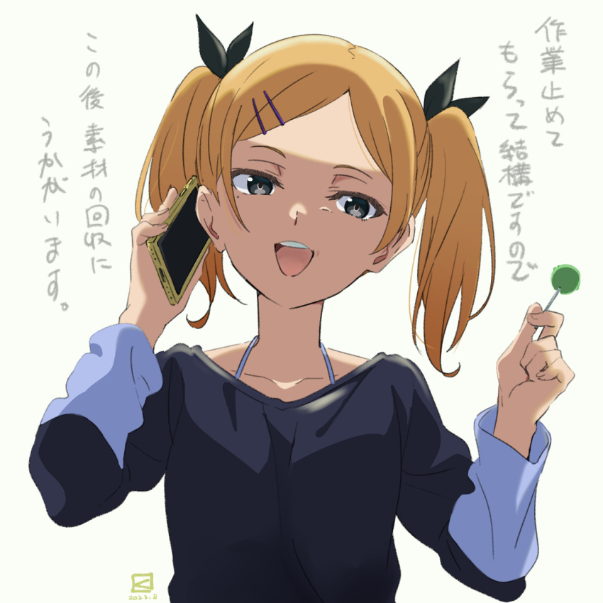 1girl blonde_hair candy cellphone commentary_request food grey_eyes hair_ornament hairclip highres holding holding_candy holding_food holding_lollipop holding_phone lollipop miyahara_takuya mole mole_under_eye open_mouth phone shirobako shirt short_twintails smartphone smile solo translation_request twintails yano_erika