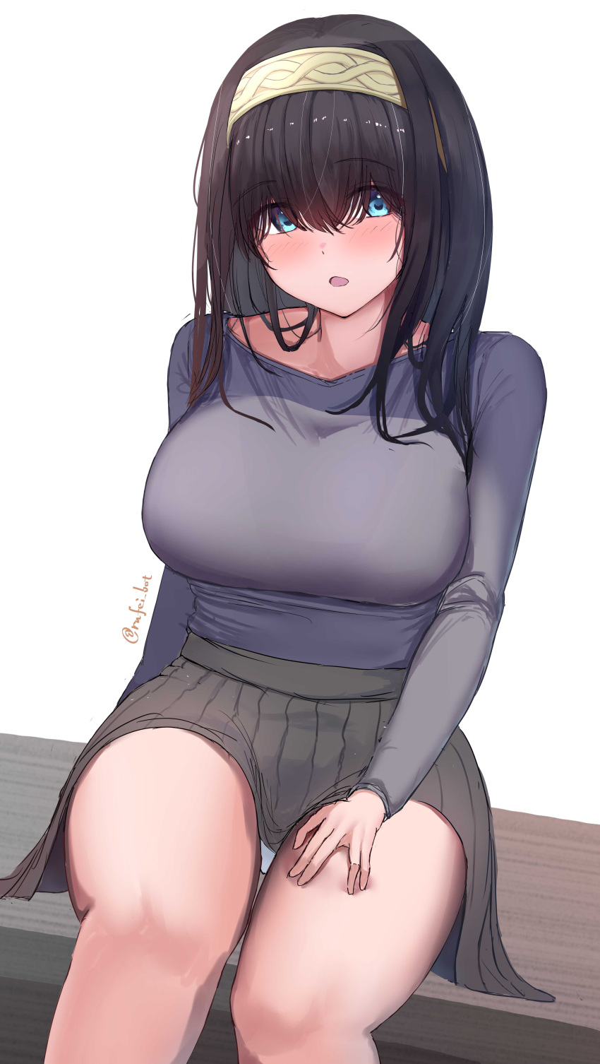 1girl :o absurdres bare_legs black_hair blue_eyes blush breasts commentary_request feet_out_of_frame grey_shirt grey_skirt hairband hand_on_own_thigh highres idolmaster idolmaster_cinderella_girls large_breasts looking_at_viewer partial_commentary pleated_skirt rufei_bot sagisawa_fumika shirt shirt_tucked_in simple_background sitting skirt solo twitter_username white_background white_hairband