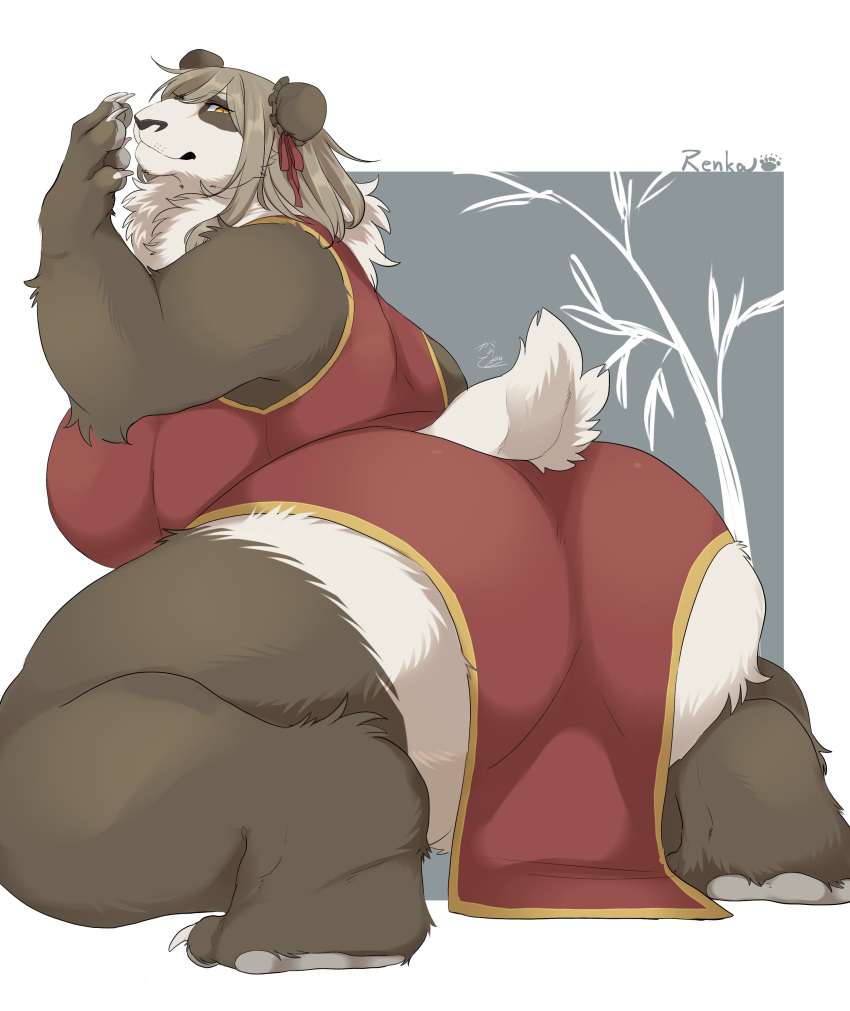 2024 5_claws 5_fingers absurd_res amber_eyes anthro arm_tuft asian_clothing bear bent_arm bent_legs big_breasts big_butt biped breasts brown_body brown_fur bun_cover butt butt_outline cheek_tuft chinese_clothing chinese_dress claws clothed clothed_anthro clothed_female clothing digital_media_(artwork) dress east_asian_clothing elbow_tuft facial_tuft female female_anthro fingers footprint fur furgonomics galette giant_panda glistening glistening_hair hair hi_res japanese_description kneeling mammal multicolored_body multicolored_clothing multicolored_dress multicolored_fur neck_tuft pawprint red_clothing red_dress short_hair signature solo tail tan_hair thick_thighs tuft two_tone_body two_tone_clothing two_tone_dress two_tone_fur white_body white_fur white_tail yellow_clothing yellow_dress