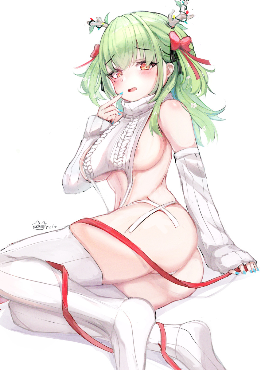 1girl absurdres areola_slip ass bare_shoulders blush breasts ceres_fauna commentary detached_sleeves green_eyes green_hair highres hololive hololive_english large_breasts looking_at_viewer meme_attire mole mole_under_eye open_mouth psypolo_d red_ribbon ribbed_sweater ribbed_thighhighs ribbon seiza sideboob simple_background sitting sleeves_past_wrists solo sweater thick_thighs thighhighs thighs twisted_torso virgin_destroyer_sweater white_background white_sweater white_thighhighs