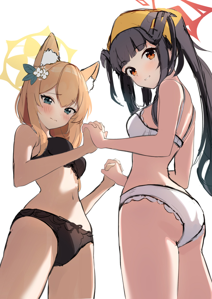 2girls absurdres animal_ear_fluff animal_ears aoto_mei ass black_bra black_hair black_horns black_panties blue_archive blush bow bow_panties bra commentary cowboy_shot demon_horns flower from_side furrowed_brow fuuka_(blue_archive) hair_flower hair_on_horn hair_ornament halo head_scarf highres holding_hands horns interlocked_fingers long_hair looking_at_viewer mari_(blue_archive) multiple_girls navel orange_hair panties parted_lips red_eyes red_halo simple_background sketch thighs underwear underwear_only wavy_mouth white_background white_bra white_flower white_panties yellow_halo yellow_headwear