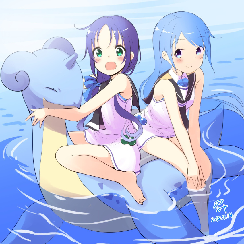 :o afloat bare_arms bare_legs barefoot blue_eyes blue_hair blush commentary crossover dated gen_1_pokemon green_eyes hair_ribbon highres horn kantai_collection lapras long_hair looking_at_viewer minidraco multiple_girls multiple_riders neckerchief pokemon pokemon_(creature) ribbon riding sailor_collar samidare_(kantai_collection) sidesaddle smile suzukaze_(kantai_collection) water
