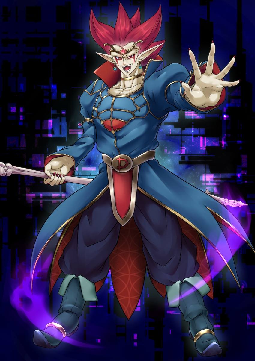 absurdres bligre22isriead boots demigra dragon_ball dragon_ball_heroes earrings eyeball facial_mark highres jewelry male_focus nail_polish necklace open_mouth pointy_ears red_eyes red_hair solo staff teeth tiara