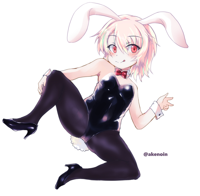 akenoin_soumon animal_ears black_legwear black_leotard bow bowtie bunny_ears bunny_girl bunny_tail bunnysuit detached_collar high_heels highres leotard looking_at_viewer original pantyhose pink_hair red_eyes red_neckwear short_hair simple_background solo spread_legs strapless strapless_leotard tail twitter_username white_background wrist_cuffs