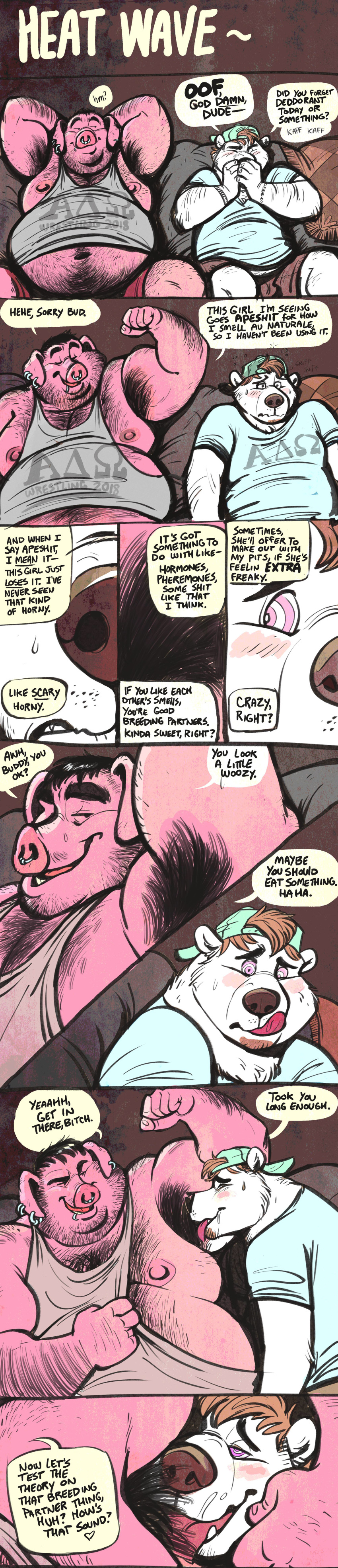 anthro armpit_fetish armpit_hair big_biceps blush canine comic dialogue dramamine duo english_text flexing hairy invalid_tag male male/male mammal mind_control musk nipples overweight overweight_male pig porcine sitting sniffing_armpit text