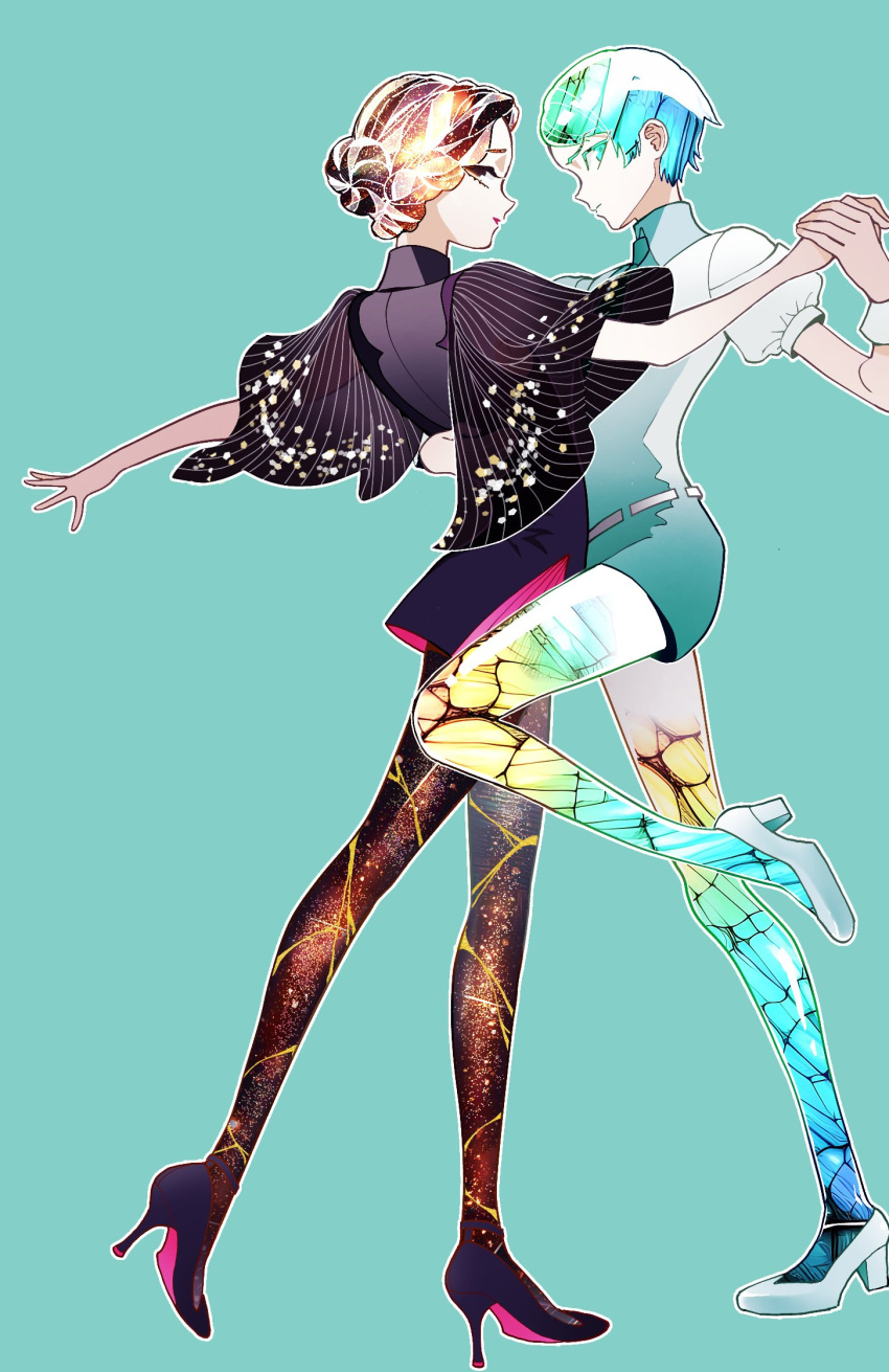 1boy 1girl antarcticite antarcticite_(cosplay) aqua_eyes aqua_hair aqua_skin black_footwear blue_hair blue_skin brown_hair colored_extremities colored_shoe_soles colored_skin cosplay cracked_skin crystal_hair dancing face-to-face foot_up gem_uniform_(houseki_no_kuni) green_background green_eyes green_hair hair_bun high_heels highres holding holding_sword holding_weapon houseki_no_kuni kibutsuji_muzan kimetsu_no_yaiba looking_at_viewer moon_uniform_(houseki_no_kuni) multicolored_hair multicolored_skin necktie outstretched_arms parody phosphophyllite phosphophyllite_(cosplay) profile puffy_short_sleeves puffy_sleeves short_sleeves sideways_glance simple_background single_hair_bun spread_arms standing standing_on_one_leg stiletto_heels sword tamayo_(kimetsu_no_yaiba) two-sided_fabric updo weapon white_footwear white_hair wide_sleeves wrist_cuffs yama_ga_kuru yellow_skin yushiro_(kimetsu_no_yaiba)