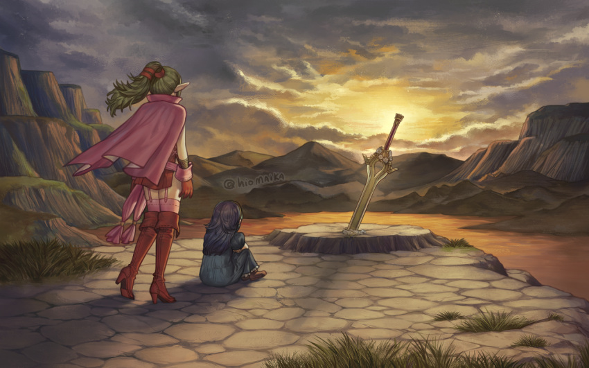 2girls aged_down blue_dress blue_hair boots brown_footwear cape commentary commission dress falchion_(fire_emblem) fire_emblem fire_emblem:_path_of_radiance fire_emblem_awakening from_behind green_hair high_heel_boots high_heels hiomaika long_hair lucina_(fire_emblem) multiple_girls parody pink_cape planted planted_sword poi pointy_ears ponytail red_skirt skirt standing sword tiki_(fire_emblem) weapon