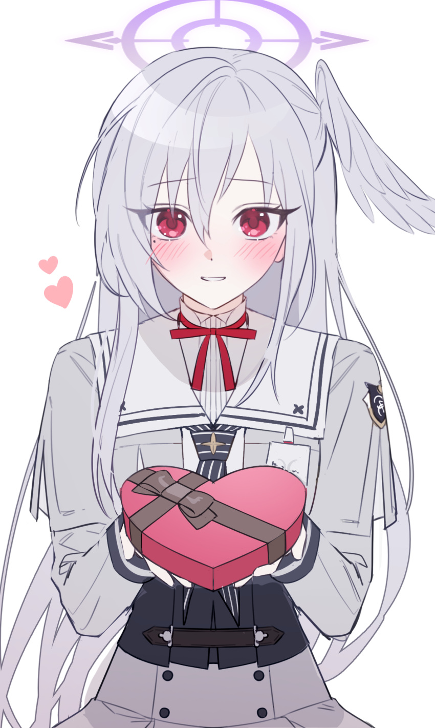 1girl blue_archive blush bow bowtie box grey_hair halo head_wings heart heart-shaped_box highres incoming_gift long_hair looking_at_viewer mole mole_under_eye purple_halo red_bow red_bowtie red_eyes school_uniform simple_background single_head_wing solo suzumi_(blue_archive) upper_body valentine very_long_hair white_background wings yuke_(sowon5612)
