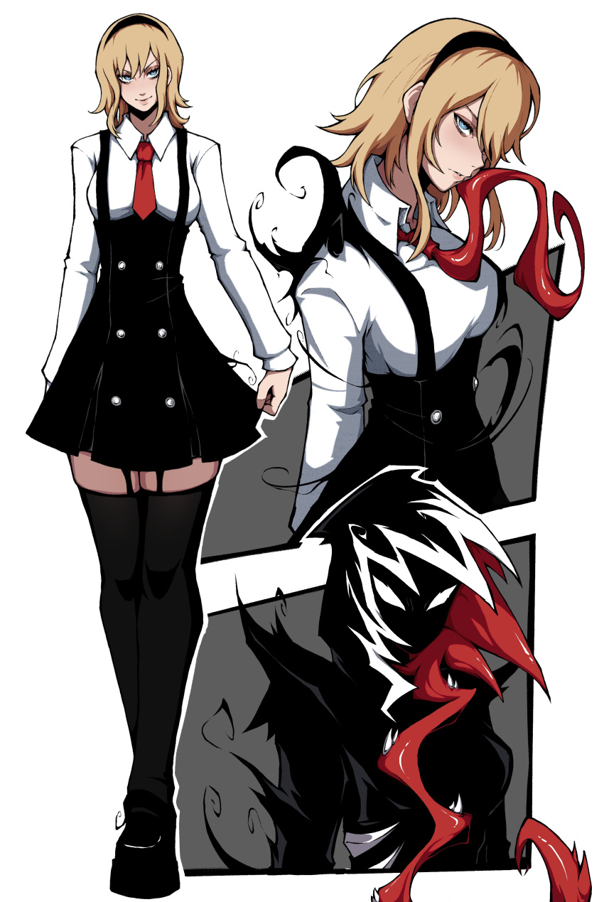 absurdres animification blonde_hair blue_eyes bodysuit gwen_stacy gwenom hairband highres hood hooded_bodysuit kekel marvel necktie skirt spider-gwen spider-man_(series) superhero symbiote thighhighs two-tone_bodysuit venom_(marvel)