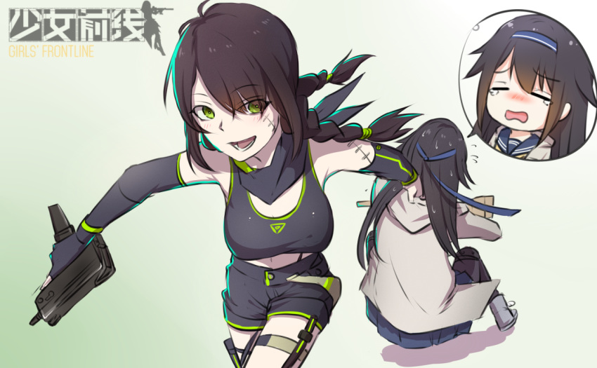 black_hair chinese_commentary closed_eyes commentary_request crying dragging girls_frontline green_eyes gun hair_ribbon mac-10 mac-10_(girls_frontline) multiple_girls ribbon scar scar_across_eye stitches submachine_gun super_sass super_sass_(girls_frontline) weapon xiujia_yihuizi