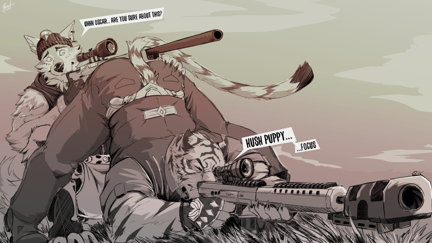 2024 aiming anthro anthro_on_anthro ass_up basch belt bent_over big_butt big_muscles bottomwear butt butt_grab canid canine canis claws clothed clothing dialogue duo english_text epic_games eyebrows felid fingerless_gloves footwear fortnite fur furgonomics gloves grass gun hand_on_butt handwear hat headgear headwear hi_res jack-o'_pose male male/male mammal meme muscular muscular_anthro muscular_male oscar_(fortnite) outside pantherine pants plant pose ranged_weapon rifle shirt shoes sitting sky sniper_rifle standing text tiger topwear tuft vest weapon wendell_(fortnite) wolf