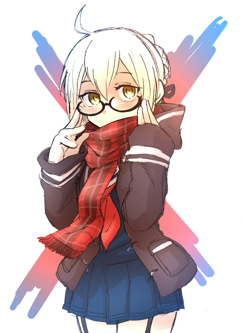 adjusting_eyewear ahoge artoria_pendragon_(all) black-framed_eyewear brown_eyes checkered checkered_scarf coat commentary_request covered_mouth cowboy_shot fate/grand_order fate_(series) garter_straps glasses highres hood hooded_jacket jacket long_sleeves looking_at_viewer miniskirt mysterious_heroine_x_(alter) overcoat pleated_skirt red_scarf scarf school_uniform serafuku shiromanta short_hair skirt solo standing white_hair
