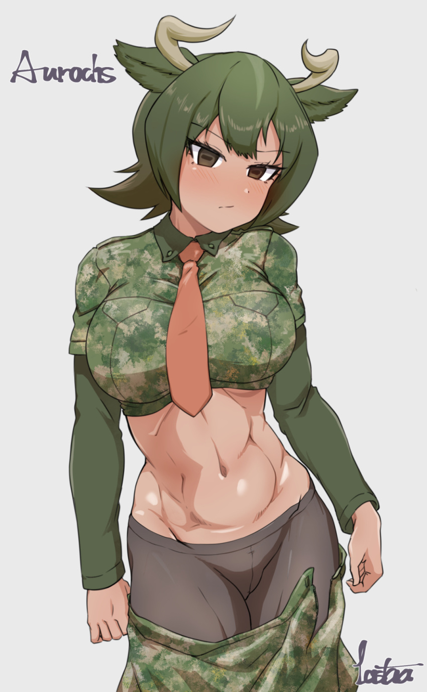 1girl :/ animal_ears arms_at_sides artist_name aurochs_(kemono_friends) blush breasts brown_eyes brown_hair camouflage camouflage_shirt character_name closed_mouth collared_shirt colored_tips cow_ears cow_horns cowboy_shot cropped_shirt double-parted_bangs green_hair head_tilt highres horizontal_pupils horns kemono_friends kyonin_dofu large_breasts layered_sleeves long_sleeves looking_at_viewer medium_hair midriff multicolored_hair navel necktie pantyhose red_necktie shiny_skin shirt short_over_long_sleeves short_sleeves skirt solo stomach tan toned undressing v-shaped_eyebrows wing_collar