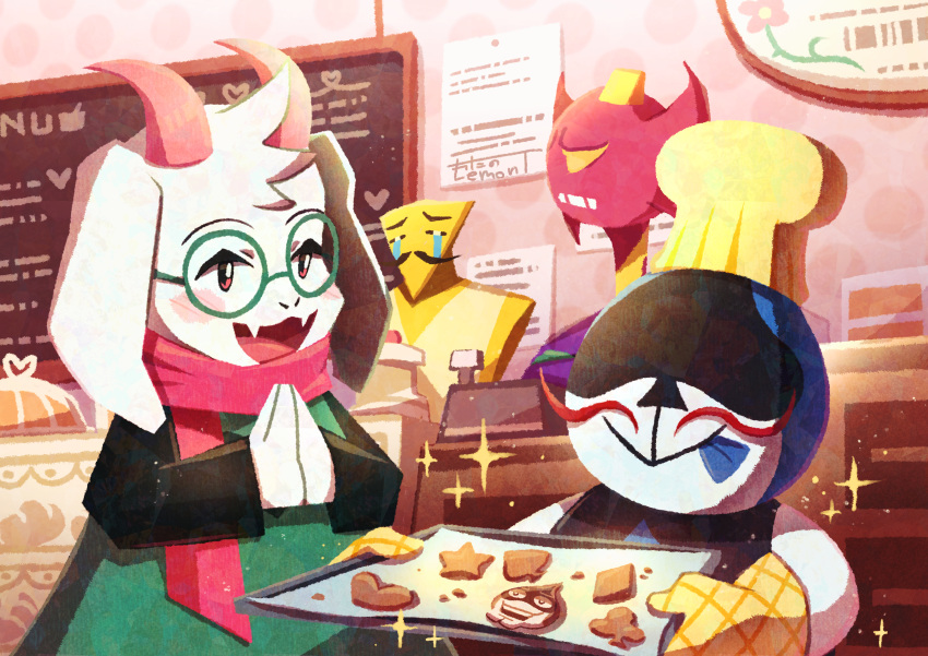 2boys 2others :&gt; :d :p absurdres animal_ears bakery blue_tongue body_fur chalkboard chef_hat closed_eyes colored_tongue commentary_request cookie counter crying deltarune facial_hair facing_viewer fangs floppy_ears food from_side furry furry_male glasses gloves goat_boy goat_ears goat_horns green-framed_eyewear hat highres holding holding_tray horns indoors lancer_(deltarune) looking_at_another male_focus malius_(deltarune) multiple_boys multiple_others mustache no_eyes open_mouth oven_mitts own_hands_together pink_eyes pink_scarf ralsei round_eyewear scarf shop skin_fangs smile spade_(shape) sparkle streaming_tears tears tongue tongue_out top_chef_(deltarune) tray upper_body watawata22 white_fur yellow_gloves yellow_headwear