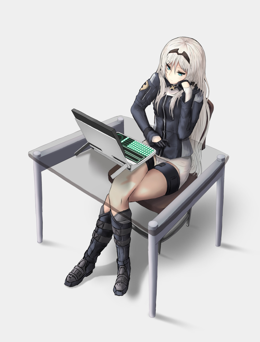 absurdres an-94_(girls_frontline) bangs blonde_hair blue_eyes boots breasts closed_mouth combat_boots commentary computer crossed_legs elbow_rest expressionless eyebrows_visible_through_hair full_body girls_frontline glass_table gloves grey_background hairband head_on_hand highres jacket jindou_wan knee_boots laptop legs long_hair long_sleeves looking_at_screen panties pencil_skirt sidelocks simple_background sitting skirt table tapping_finger thigh_strap thighs underwear white_panties white_skirt