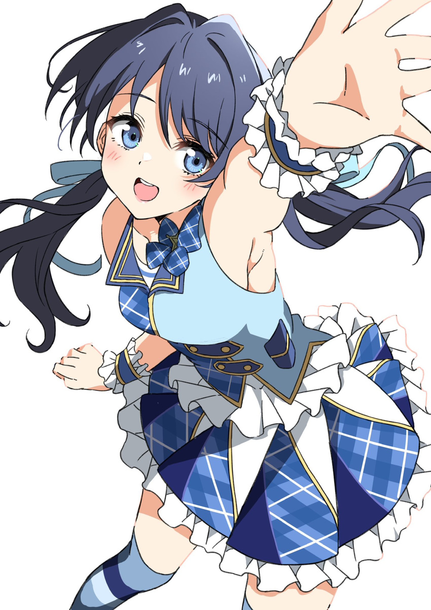 1girl armpits blue_eyes blue_hair blue_jacket blue_thighhighs blush collarbone commentary_request djpwjd1 frilled_skirt frills highres jacket link!_like!_love_live! long_hair looking_at_viewer love_live! murano_sayaka open_mouth plaid plaid_jacket plaid_skirt skirt sleeveless sleeveless_jacket solo striped_clothes striped_thighhighs thighhighs twintails upper_body white_background wrist_cuffs