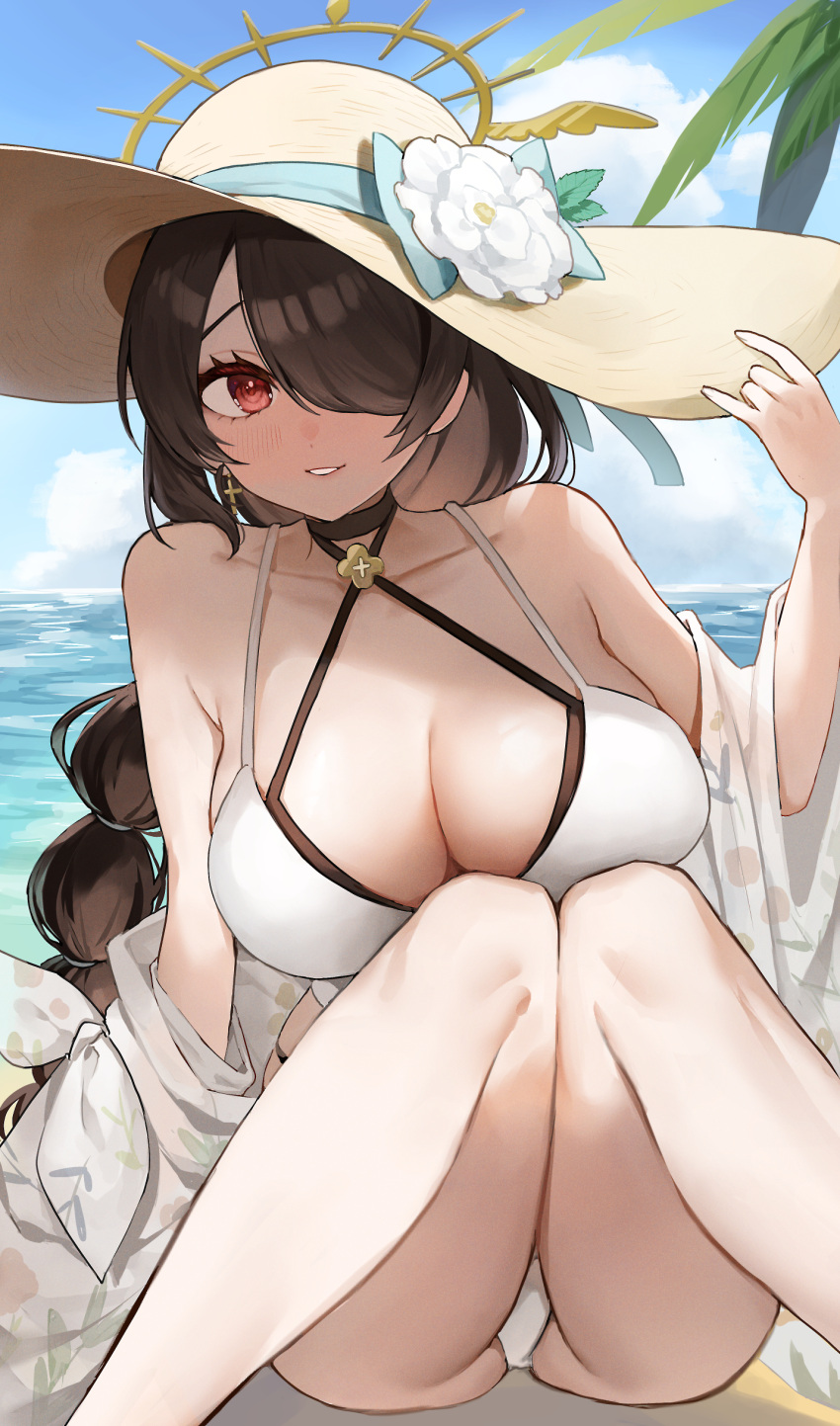 absurdres beach black_hair blue_archive braid breasts cross cross_earrings earrings hair_over_one_eye halo halterneck hand_on_headwear hat highres hinata_(blue_archive) hinata_(swimsuit)_(blue_archive) jewelry large_breasts leaning_to_the_side light_smile looking_at_viewer omaru_(0marufestival) one-piece_swimsuit red_eyes single_braid sitting sun_hat swimsuit