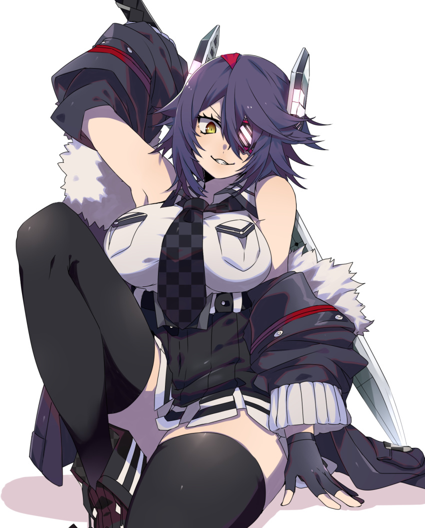 ara_taro armpits bare_shoulders black_footwear black_gloves black_jacket black_legwear black_skirt breasts checkered checkered_neckwear covered_navel eyepatch fur-trimmed_jacket fur_trim gloves grin hair_between_eyes headgear highres holding holding_sword holding_weapon impossible_clothes impossible_shirt jacket kantai_collection leg_up looking_at_viewer necktie off_shoulder parted_lips partly_fingerless_gloves pocket purple_hair remodel_(kantai_collection) shadow shirt sitting skirt sleeveless sleeveless_shirt smile solo sword tenryuu_(kantai_collection) thighhighs weapon white_background white_shirt yellow_eyes