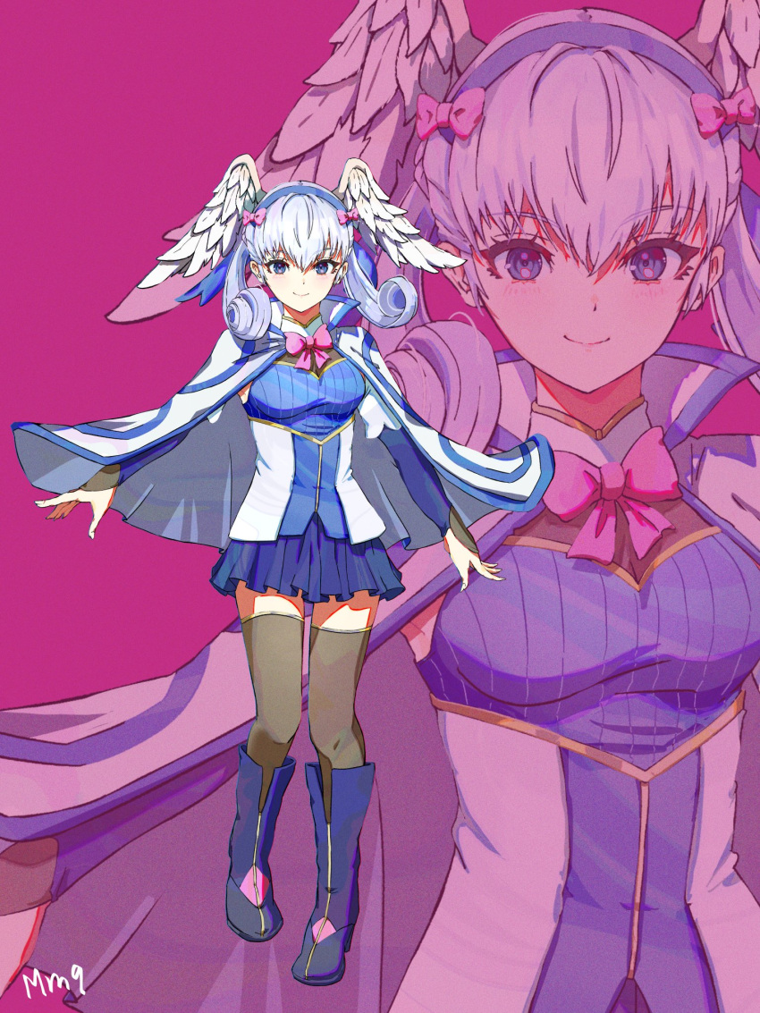 blue_eyes braid cape crown_braid curly_hair full_body grey_hair head_wings highres juliet_sleeves long_sleeves melia_antiqua milo_monzon puffy_sleeves skirt smile solo wings xenoblade_chronicles:_future_connected xenoblade_chronicles_(series) xenoblade_chronicles_1