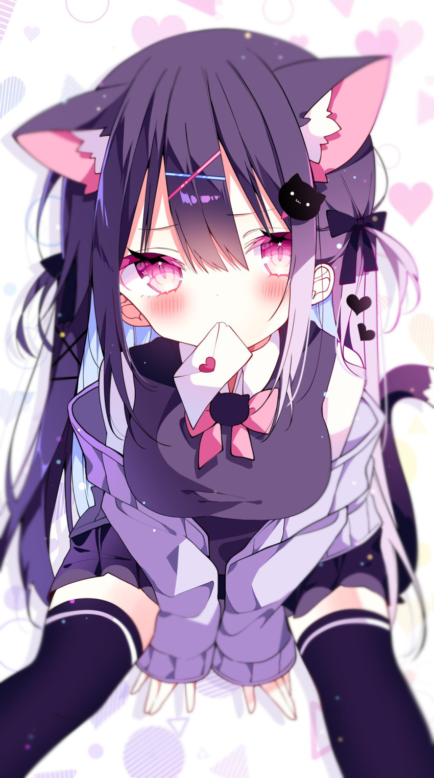 1girl animal_ear_fluff animal_ears bare_shoulders between_legs black_hair black_skirt black_thighhighs blush breasts cat_ears cat_hair_ornament cat_ornament cat_tail closed_mouth envelope extra_ears from_above grey_hair grey_hoodie hair_between_eyes hair_ornament hand_between_legs heart heart_hair_ornament highres hood hoodie koineko_muchu long_hair long_sleeves looking_at_viewer medium_breasts mouth_hold off_shoulder original pink_eyes pink_ribbon ribbon shirt sitting skirt solo suisei_1121 tail thighhighs virtual_youtuber