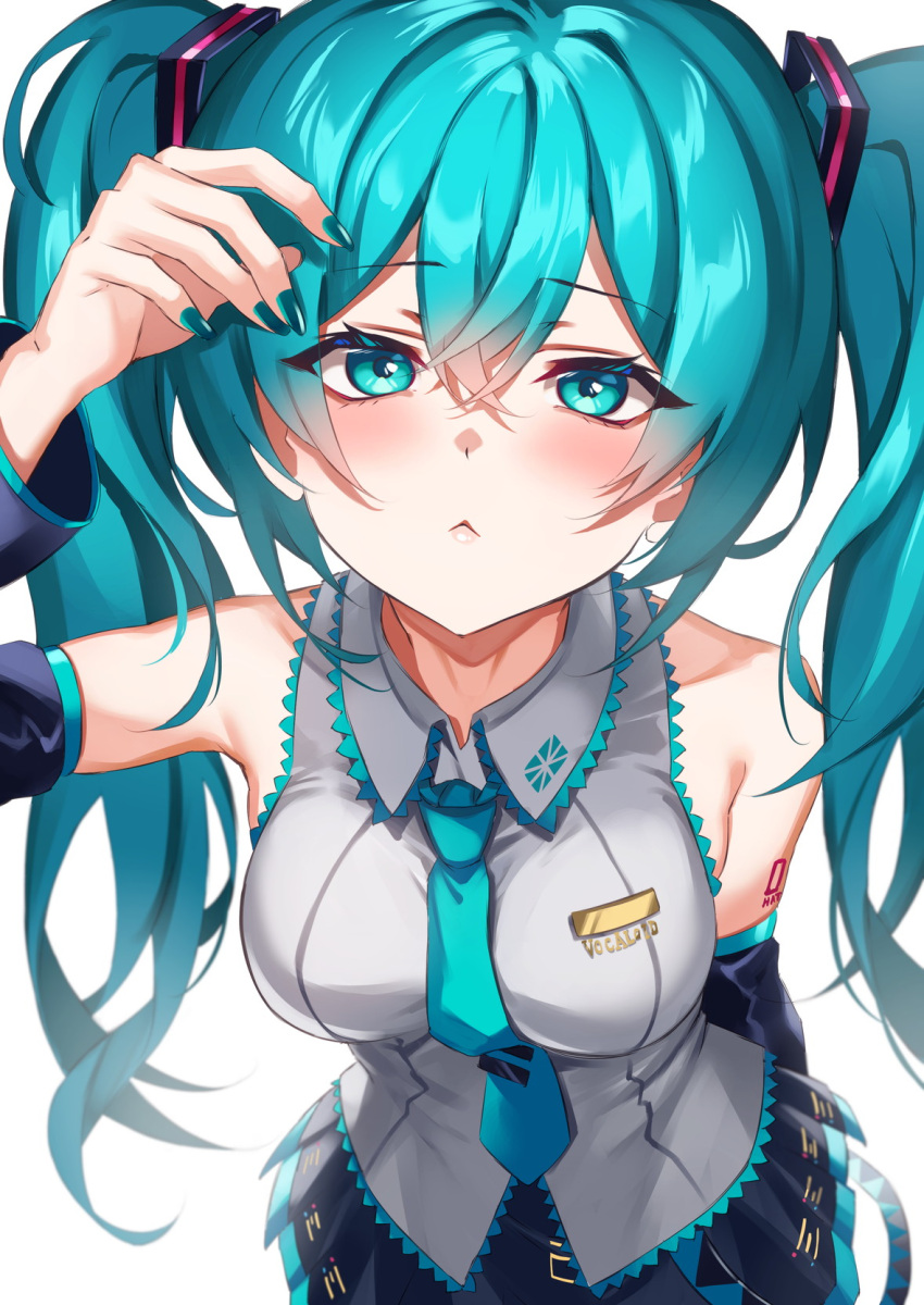 1girl :&lt; aqua_eyes aqua_hair aqua_nails aqua_necktie arm_behind_back arm_tattoo arm_up black_skirt black_sleeves blush breasts closed_mouth collared_shirt commentary_request crossed_bangs detached_sleeves fingernails grey_shirt hair_between_eyes hair_ornament hatsune_miku highres inue_ao leaning_forward long_fingernails long_hair looking_at_viewer medium_breasts miniskirt nail_polish necktie number_tattoo pleated_skirt shirt skirt sleeveless sleeveless_shirt solo tattoo tie_clip twintails very_long_hair vocaloid wide_sleeves