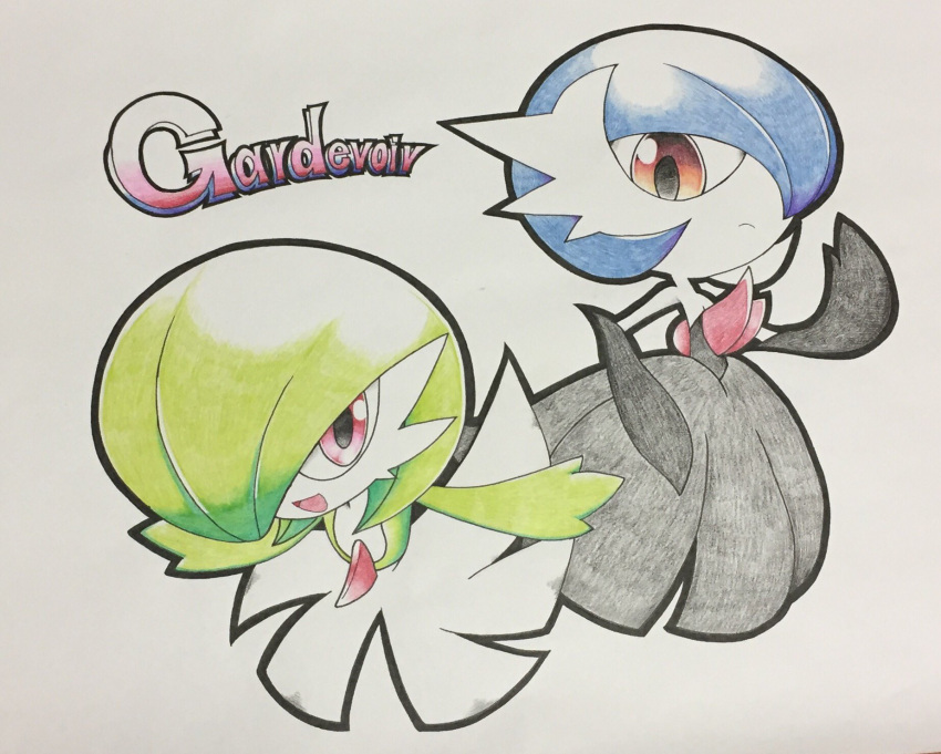 alternate_color black_dress black_gloves blue_hair bob_cut colored_pencil_(medium) colored_skin dress elbow_gloves envi55109095 gardevoir gloves green_hair hair_over_one_eye highres looking_at_viewer mega_gardevoir mega_pokemon multicolored_skin open_mouth orange_eyes pink_eyes pokemon pokemon_(creature) shiny_pokemon simple_background traditional_media two-tone_skin white_dress white_skin