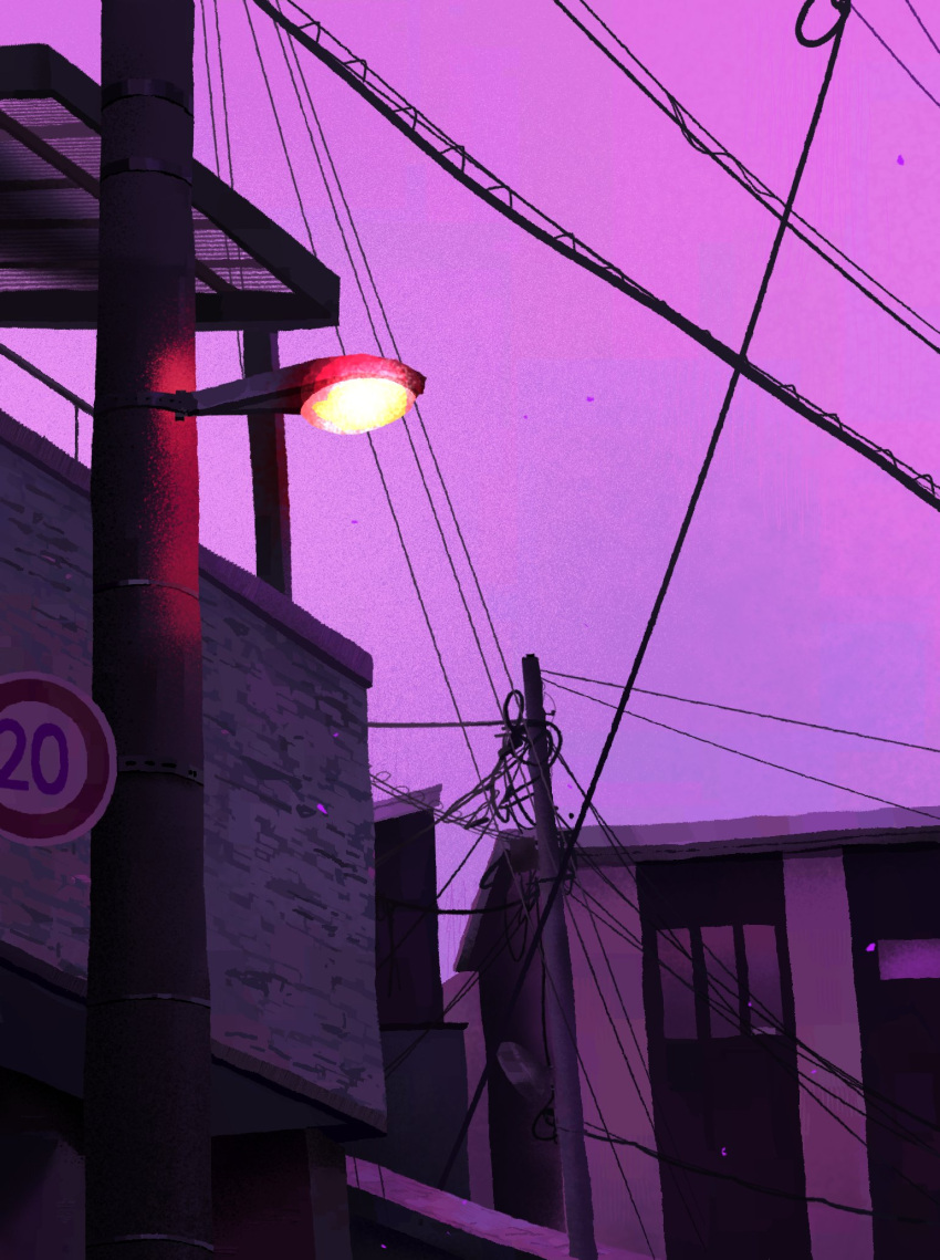 building city clear_sky day dusk film_grain from_below highres lamppost no_humans original outdoors poupee_(capo_sung) power_lines purple_sky sky speed_limit_sign utility_pole window