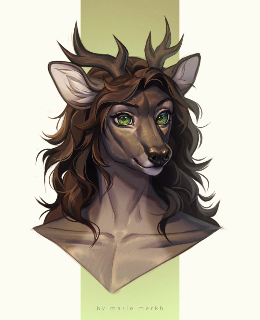 absurd_res anthro antlers artist_name brown_antlers brown_body brown_fur brown_hair bust_portrait deer front_view fur glistening glistening_eyes green_eyes hair hi_res horn looking_at_viewer mammal marie_merkh mouth_closed portrait solo